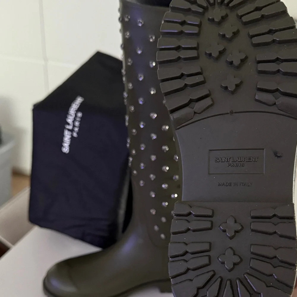 SAINT LAURENT Olive Rubber Crystal Rain Boots EUR 37 US 7